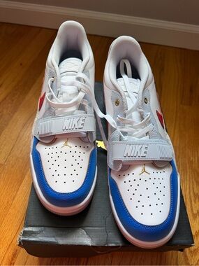 Men’s Nike Jordans White Blue Red Low-Top Sneakers with Gold Jump Man